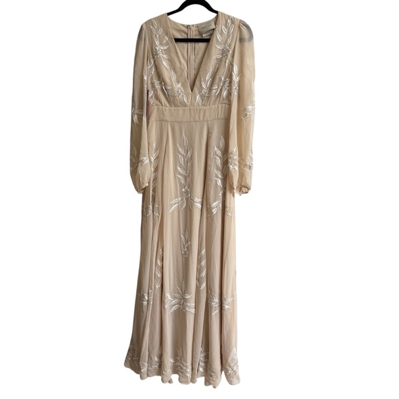 NWT BHLDN Belize Embroidered A-Line Long-Sleeve V-Neck Gown Size 10